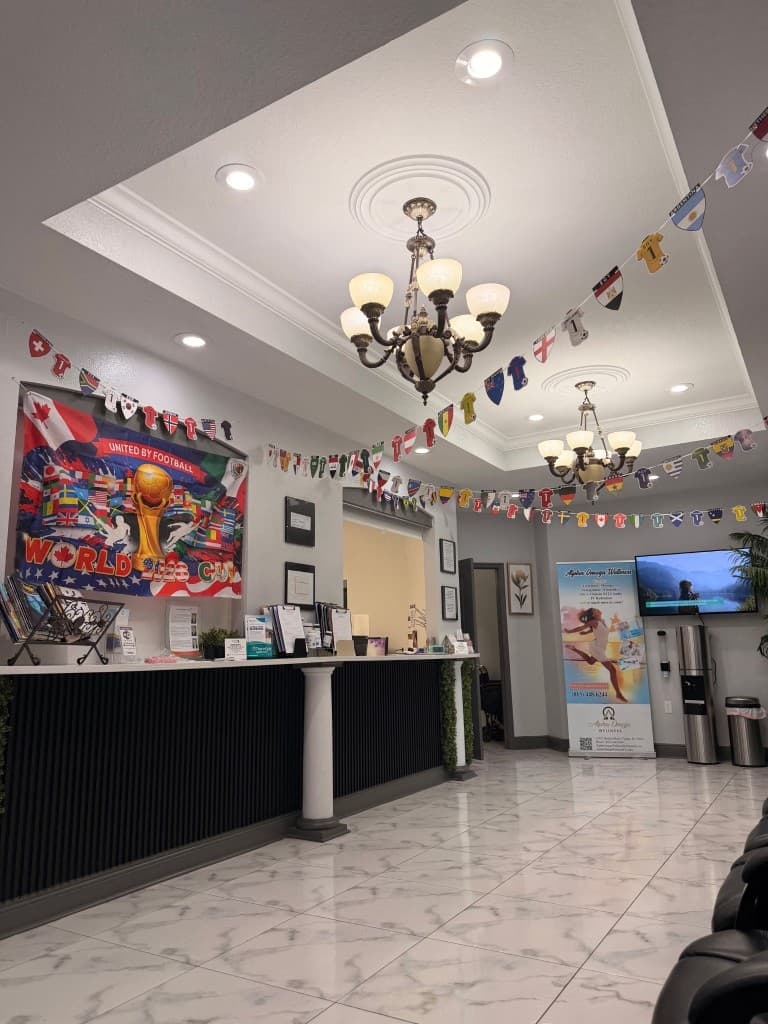The office lobby decorated with international soccer flags